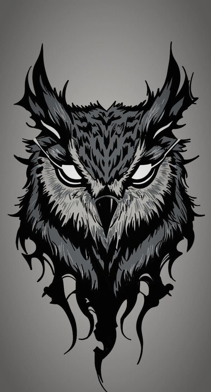 A stylized grayscale illustration of an owl's face with sharp, flame-like feather tufts and glaring white eyes, set against a gray gradient background.