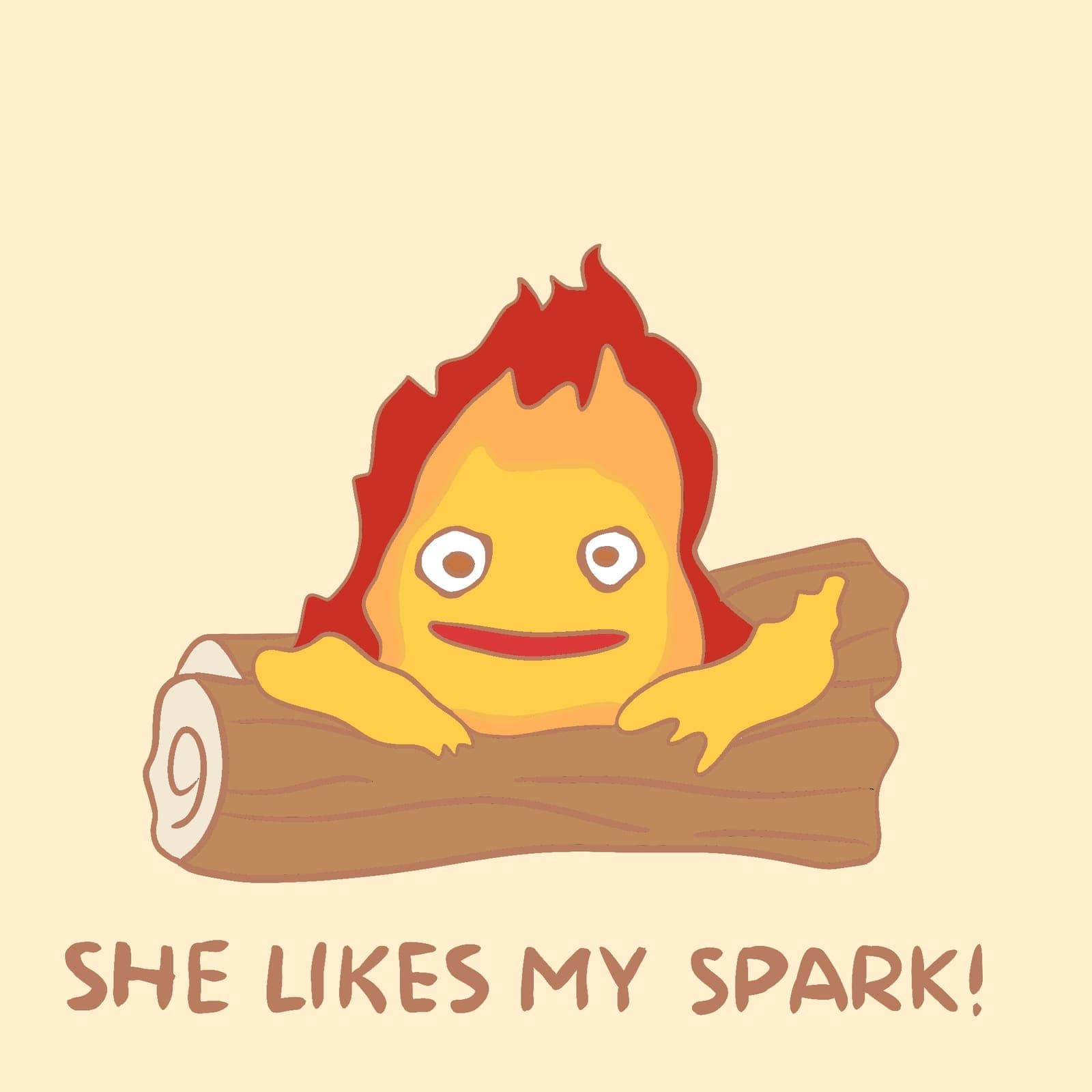 Calcifer from Howl's Moving Castle peeking out of a log with his fire-red hair blazing, captioned "She Likes My Spark!"