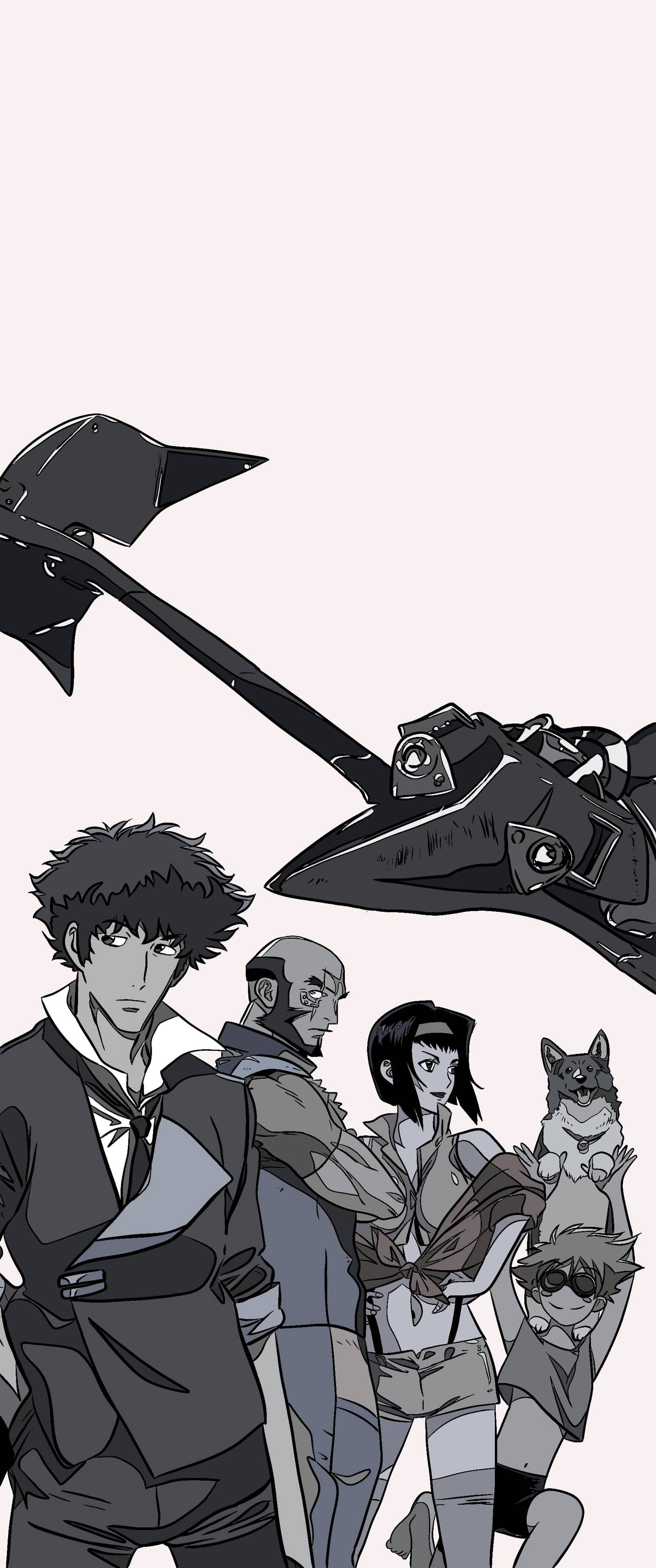 Grayscale fan art of the Cowboy Bebop crew — Spike, Jet, Faye, Ed, and Ein — standing beneath the Bebop's swordfish-shaped ship.