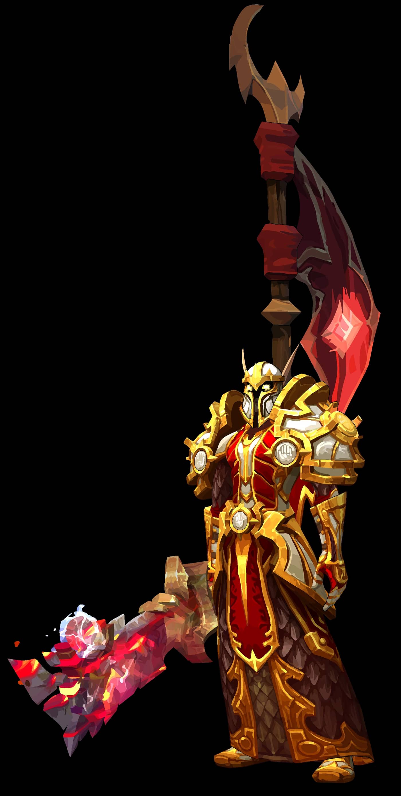 A digital render of an armored fantasy warrior in ornate red-and-gold plate armor, wielding a polearm with a red banner and a glowing red axe, styled like a World of Warcraft character.