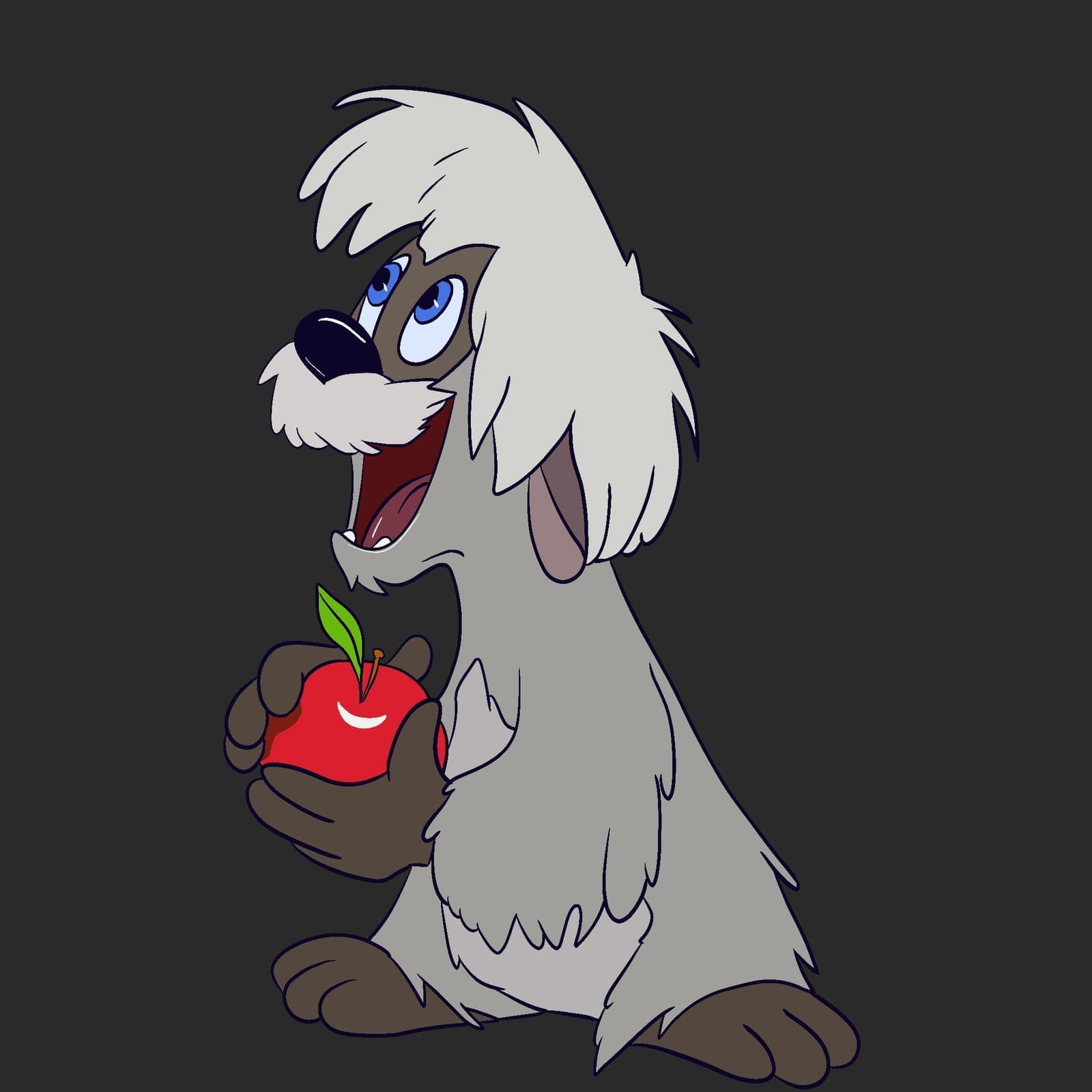 Gurgi from Disney's The Black Cauldron, a shaggy hunched creature with wild fur and a delighted grin, clutching a red apple.