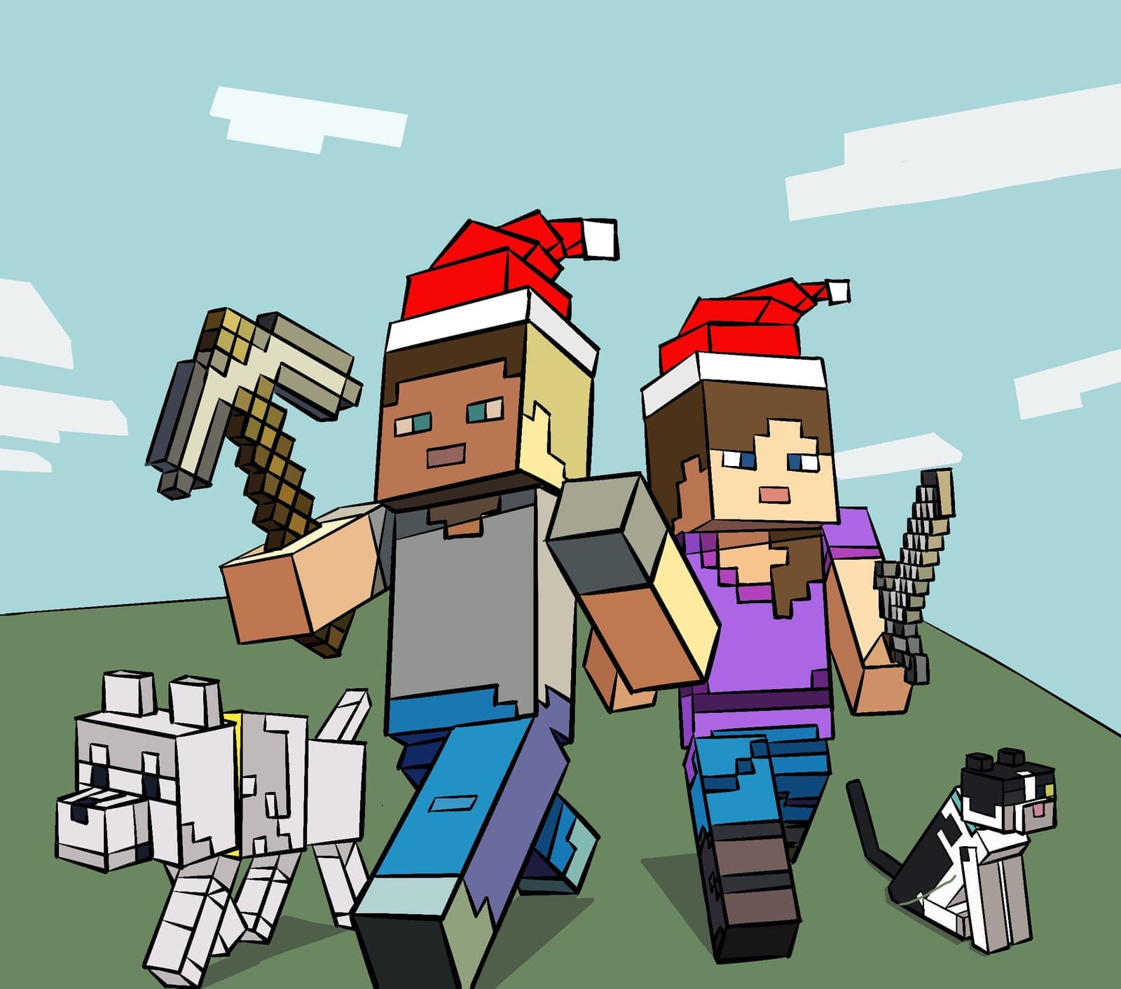 Two Minecraft-style player characters in Santa hats, one holding a pickaxe and the other a bow, walking with a wolf and a cat companion.