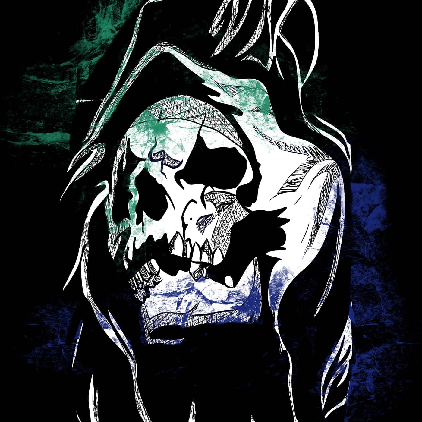 A stylized grim reaper skull rendered in cross-hatched ink over a green-and-blue textured background, hood drawn back to bare its teeth.