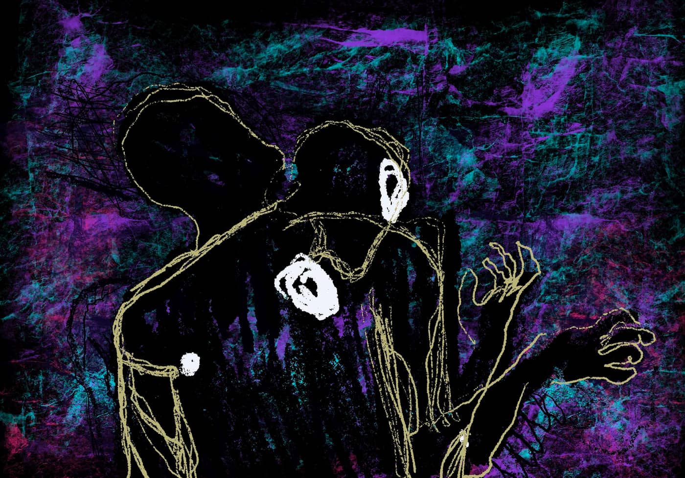 Two black silhouetted figures embracing against a marbled purple-and-teal background, one with hollow white button-like eyes.