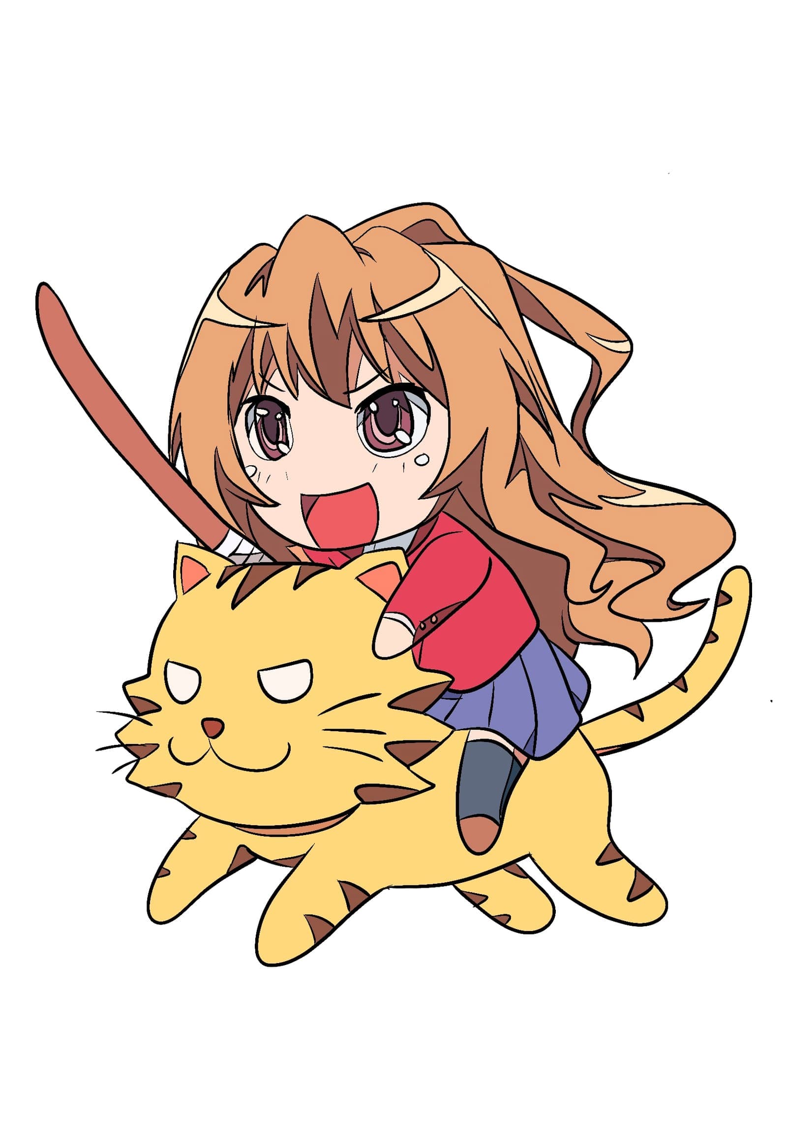 Taiga Aisaka from Toradora!, wide-eyed and shouting, riding on the back of her cat mascot with a wooden katana slung over her shoulder.
