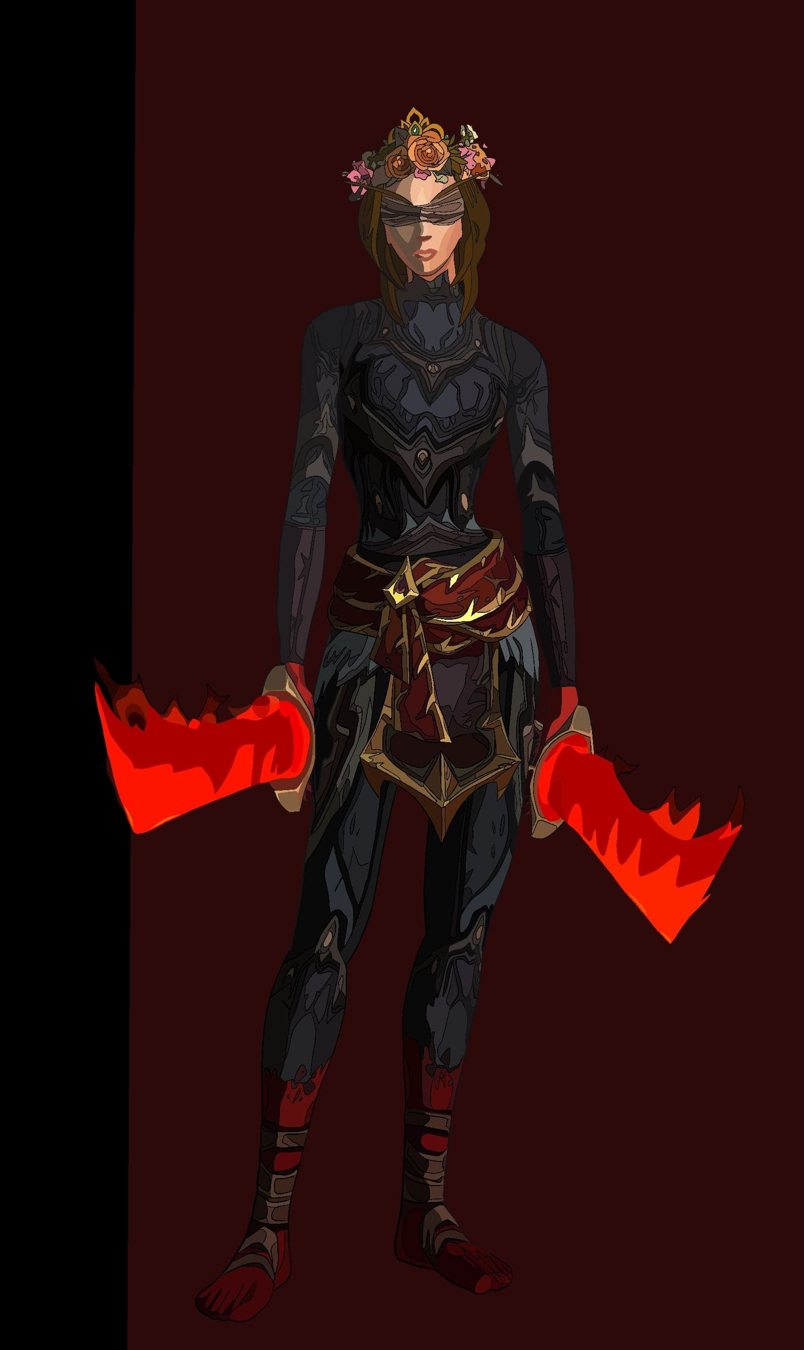 A full-body digital painting of an original blindfolded female character in dark segmented armor and a flower crown, wielding two flaming curved blades.