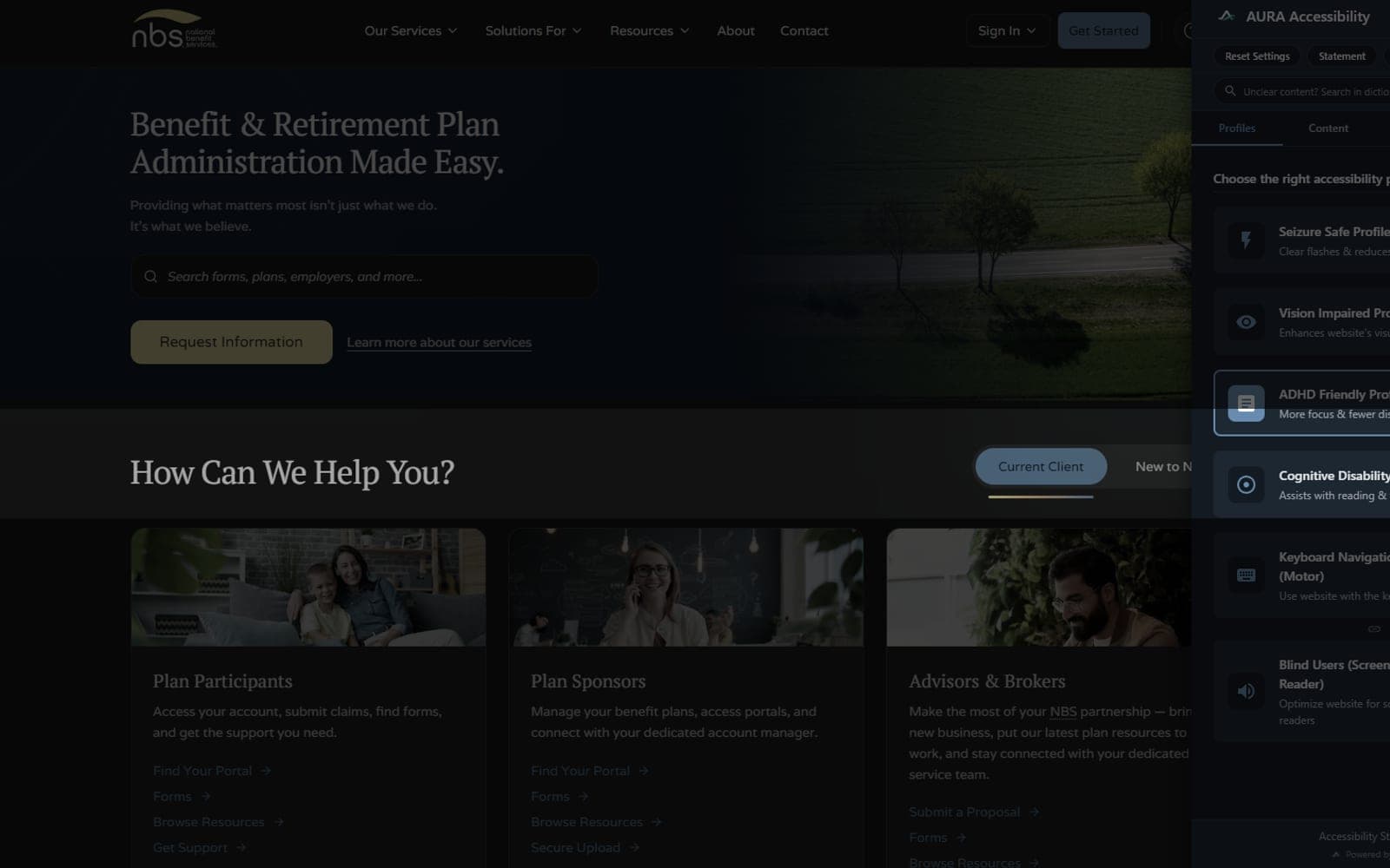The AURA accessibility panel open on the National Benefit Services site, with the ADHD Friendly Profile switched on