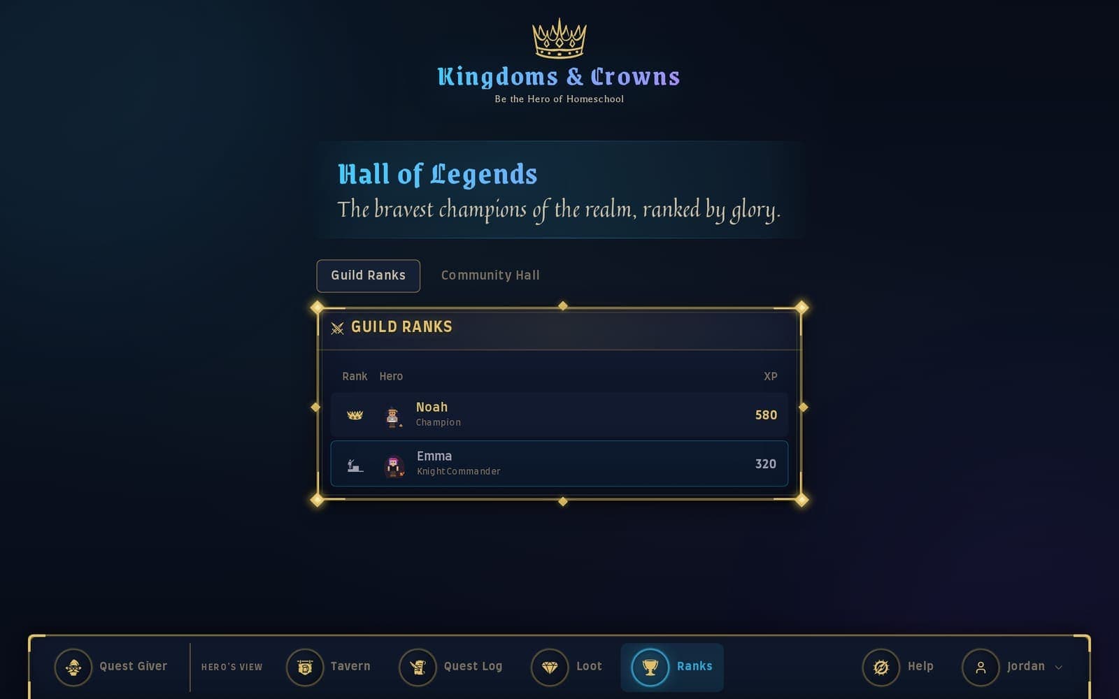 The hall of legends, a parent view of each child’s progress