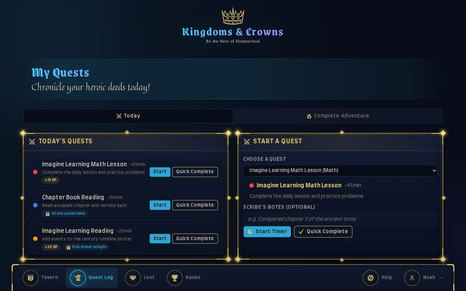 A child's quest log listing today's lessons with start timers and XP rewards