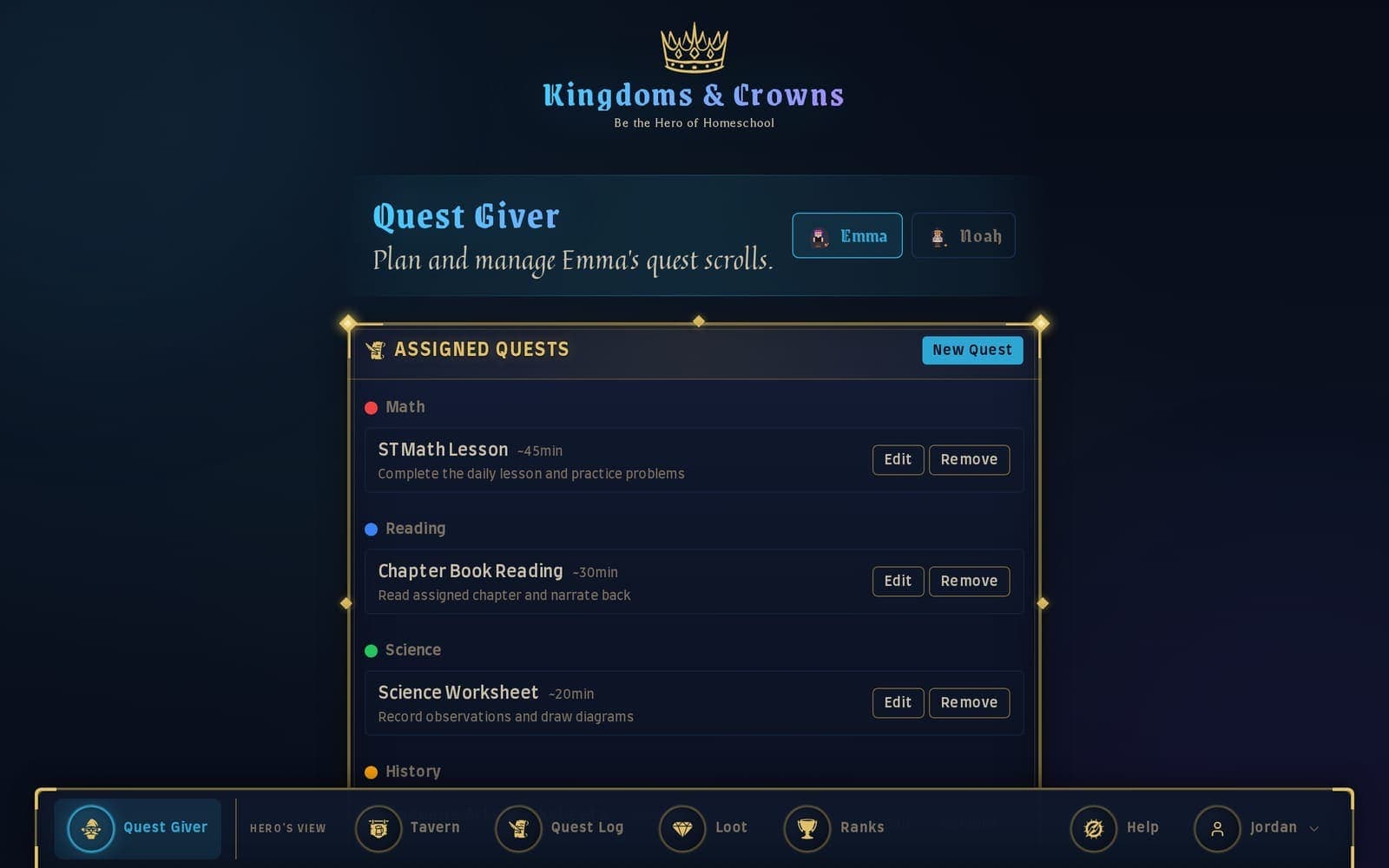 The parent quest-giver, where assignments are created