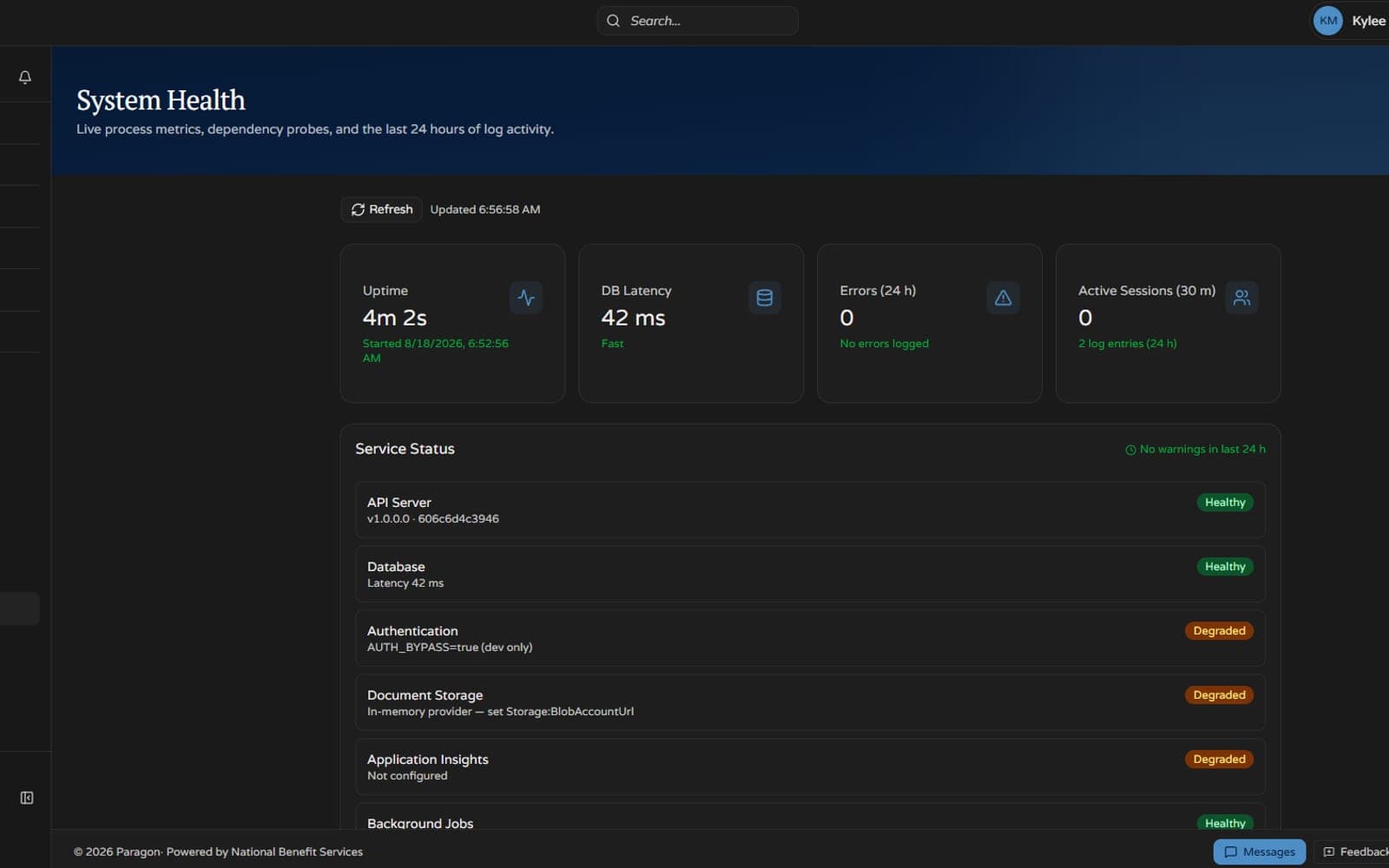 A Paragon dashboard after signing in
