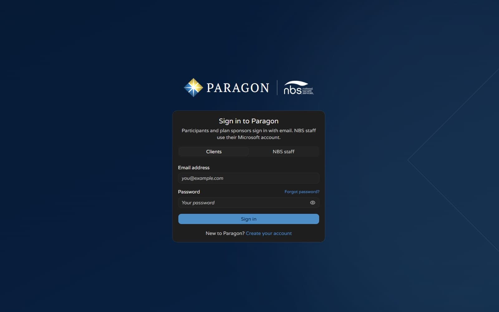 The Paragon sign-in screen