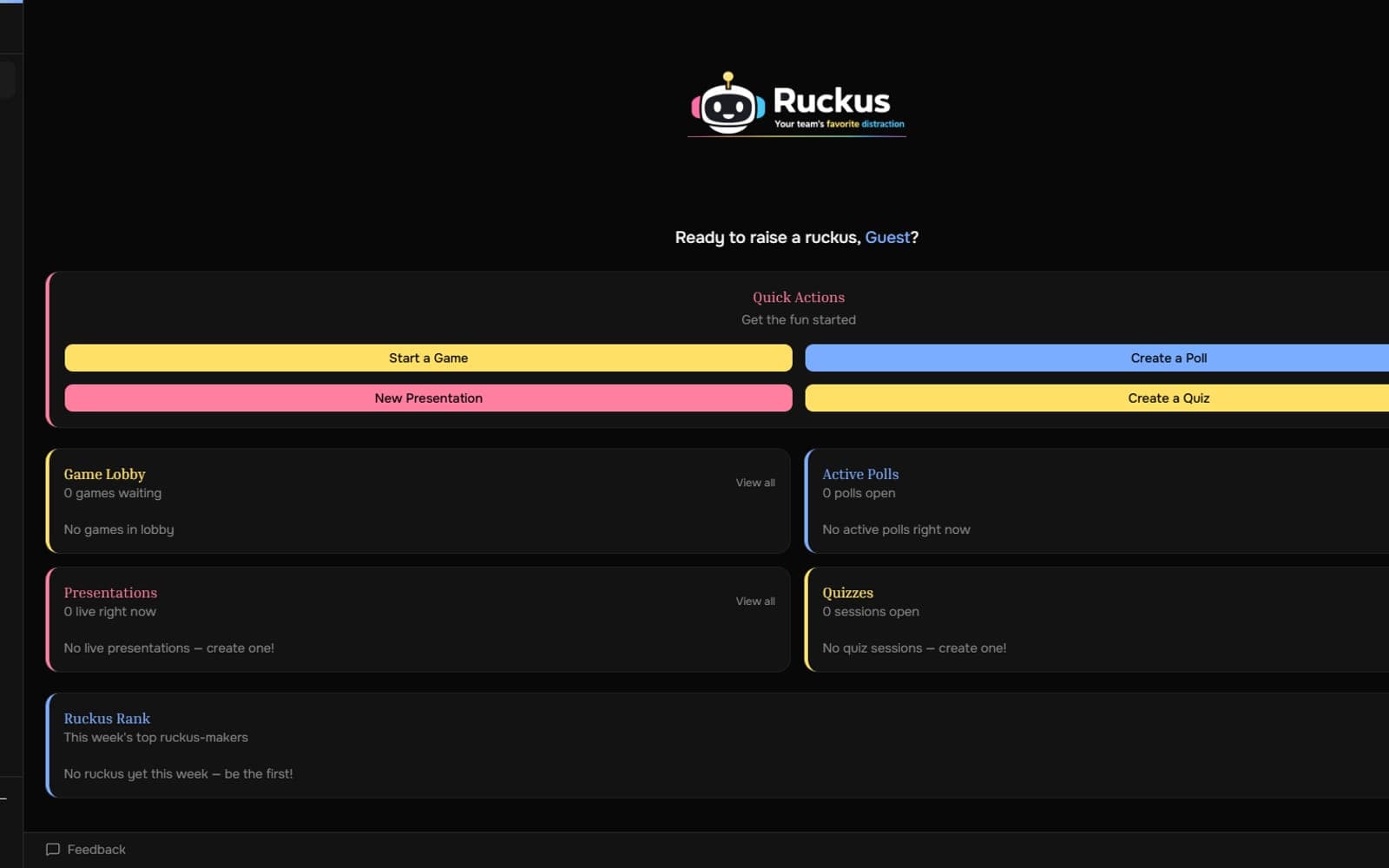 The Ruckus home screen: quick actions to start a game, poll, presentation or quiz, with the live lobby beneath